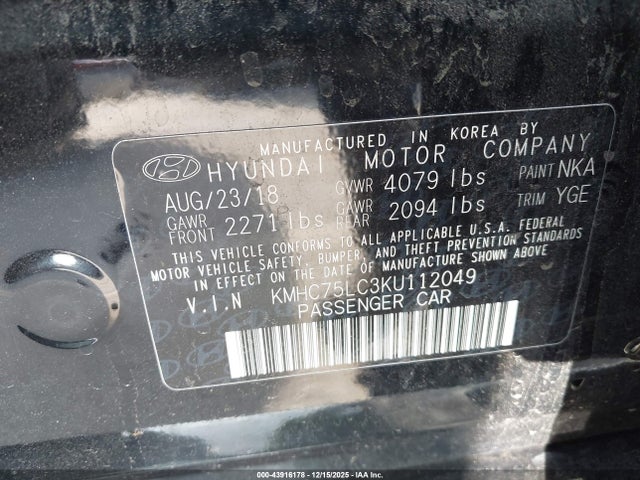 KMHC75LC3KU112049 Hyundai Ioniq Hybrid Sel