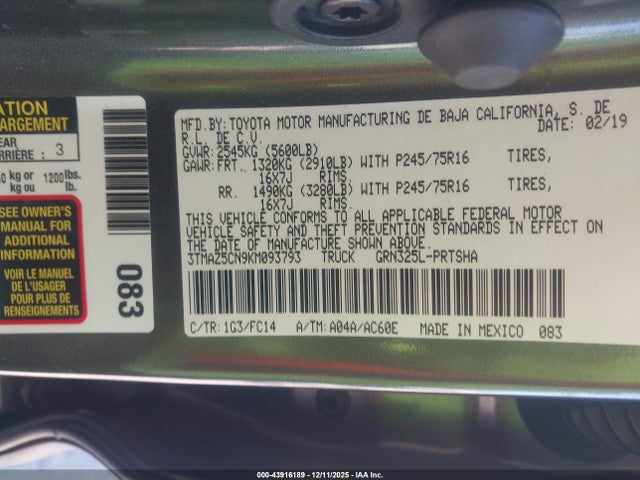 3TMAZ5CN9KM093793 Toyota Tacoma Sr5 V6
