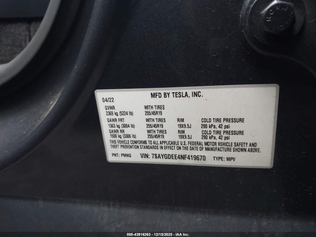 2022 TESLA MODEL Y 7SAYGDEE4NF419670 Photo 8