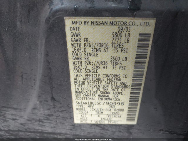 Aukcja sprzedaży 2005 Nissan Pathfinder Se, vin: 5N1AR18U35C790998, numer aukcji: 43916325