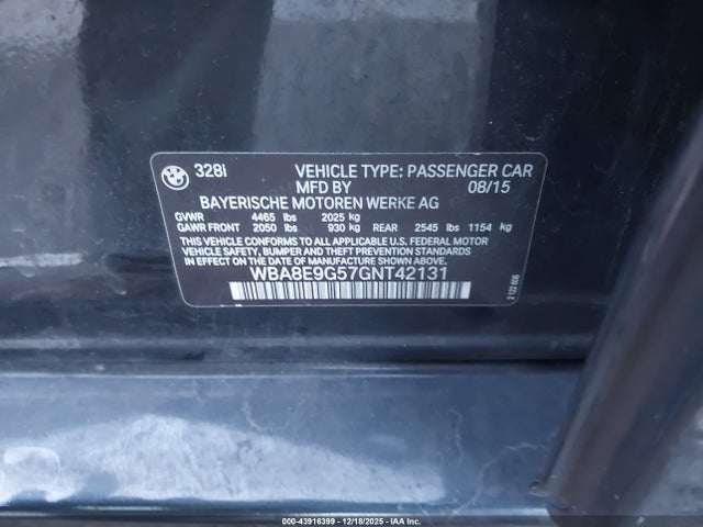 2016 Bmw 328i მანქანა იყიდება აუქციონზე, vin: WBA8E9G57GNT42131, აუქციონის ნომერი: 43916399