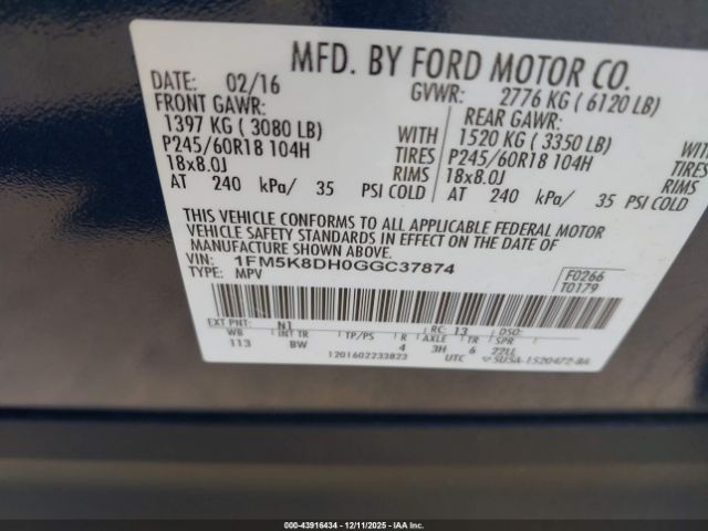 2016 FORD EXPLORER 1FM5K8DH0GGC37874 Photo 8