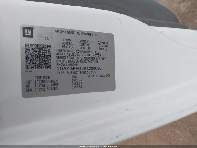 Aukcja sprzedaży 2019 Chevrolet Express 3500 Lt, vin: 1GAZGPFG0K1206036, numer aukcji: 43916493