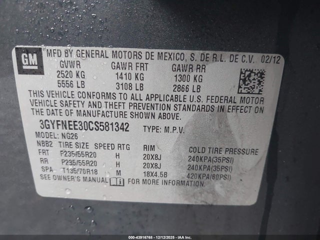2012 Cadillac Srx Performance Collection მანქანა იყიდება აუქციონზე, vin: 3GYFNEE30CS581342, აუქციონის ნომერი: 43916768