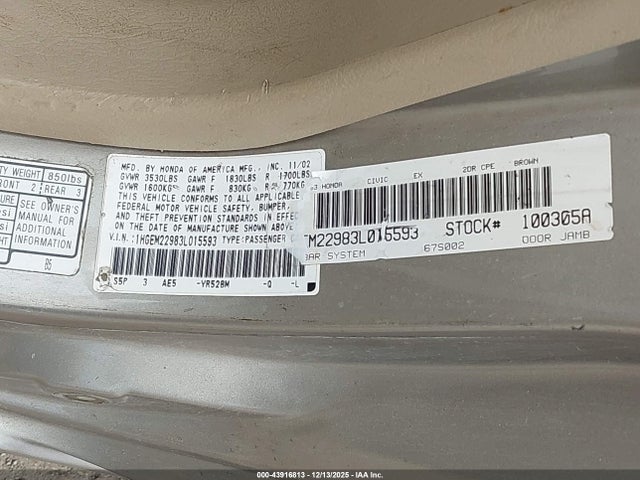 Продажа на аукционе авто 2003 Honda Civic Ex, vin: 1HGEM22983L015593, номер лота: 43916813