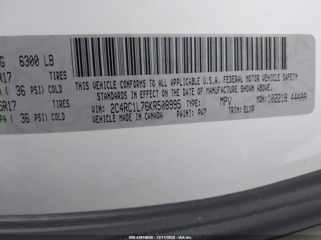 Aukcja sprzedaży 2019 Chrysler Pacifica Hybrid Touring L, vin: 2C4RC1L76KR508995, numer aukcji: 43916830