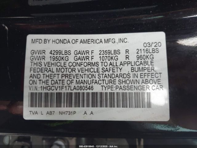 2020 HONDA ACCORD 1HGCV1F17LA080546 Photo 8