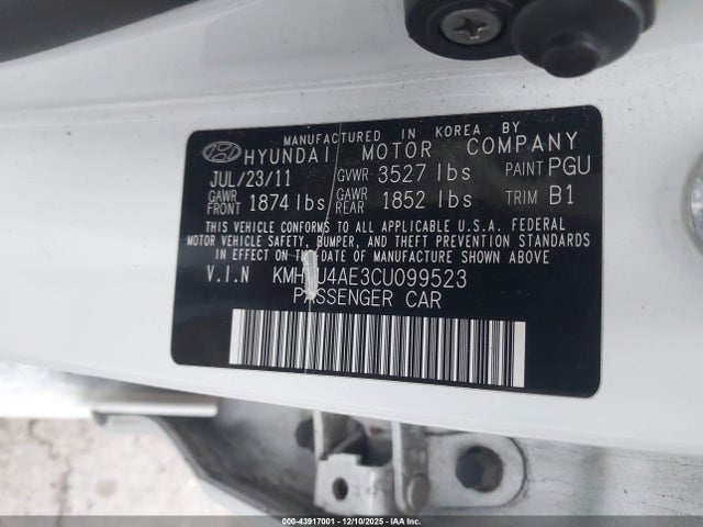 Aukcja sprzedaży 2012 Hyundai Accent Gls, vin: KMHCU4AE3CU099523, numer aukcji: 43917001