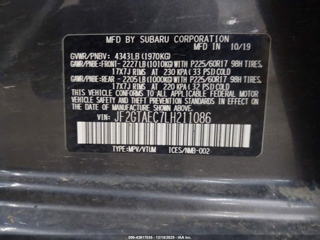 Продаж на аукціоні авто 2020 Subaru Crosstrek Premium, vin: JF2GTAEC7LH211086, номер лоту: 43917035