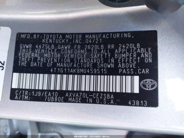 2021 TOYOTA CAMRY 4T1G11AK8MU459515 Photo 8