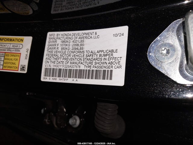 Aukcja sprzedaży 2025 Honda Accord Lx, vin: 1HGCY1F22SA007678, numer aukcji: 43917165