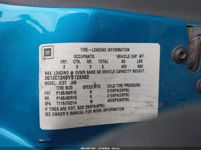 2000 CHEVROLET CAVALIER 3G1JC1248YS123382 Photo 8