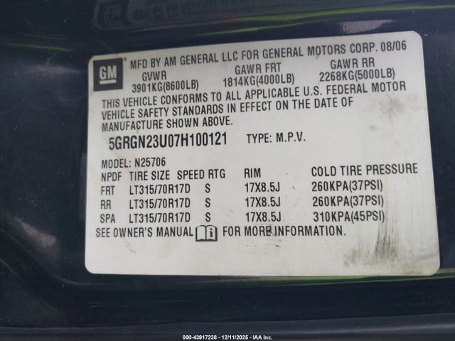 2007 HUMMER H2 SUV 5GRGN23U07H100121 Photo 8