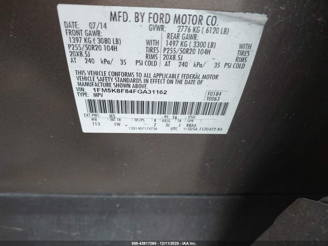 1FM5K8F84FGA31162 Ford Explorer Limited