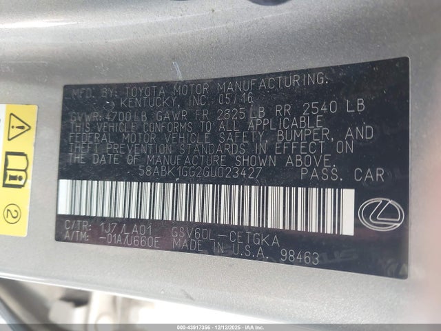 58ABK1GG2GU023427 Lexus ES 350