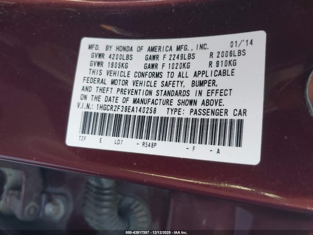 Honda ACCORD LX 2014 1HGCR2F39EA140258 Image 9