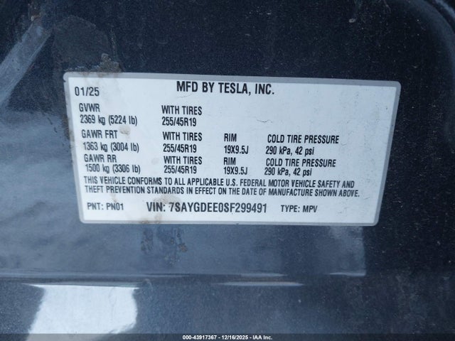 43917367 :رقم المزاد ، 7SAYGDEE0SF299491 vin ، 2025 Tesla Model Y Long Range Dual Motor All-wheel Drive مزاد بيع