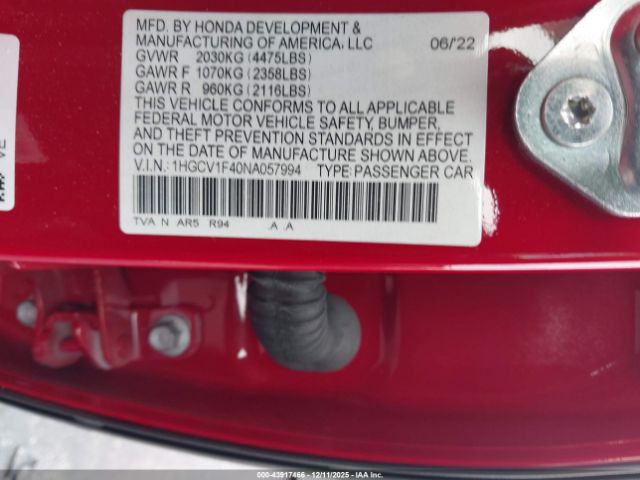 2022 HONDA ACCORD 1HGCV1F40NA057994 Photo 8