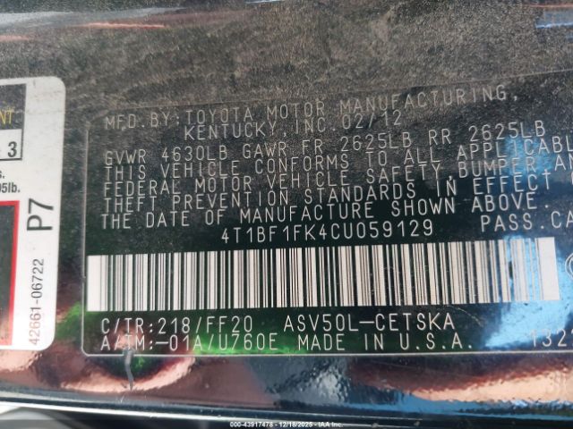 2012 TOYOTA CAMRY 4T1BF1FK4CU059129 Photo 8
