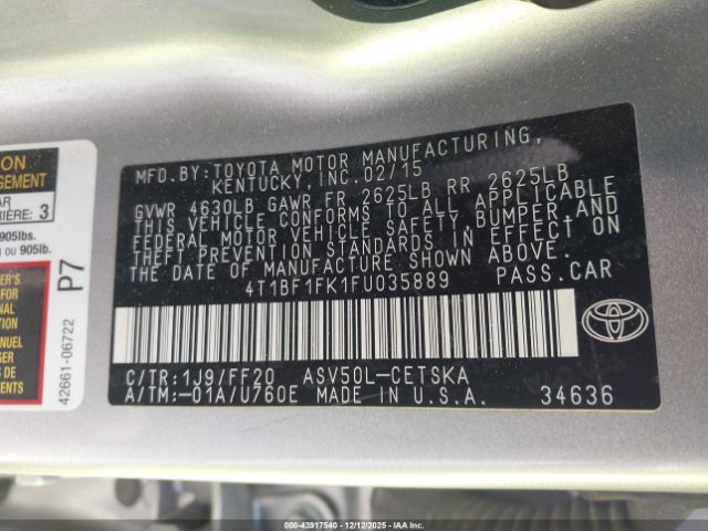 2015 TOYOTA CAMRY 4T1BF1FK1FU035889 Photo 8