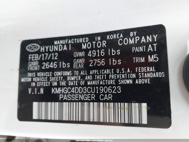 Aukcja sprzedaży 2012 Hyundai Genesis 3.8, vin: KMHGC4DD3CU190623, numer aukcji: 43917665