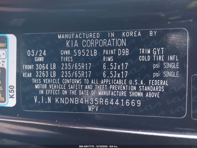 KNDNB4H35R6441669 KIA Carnival Mpv Lx Seat Package