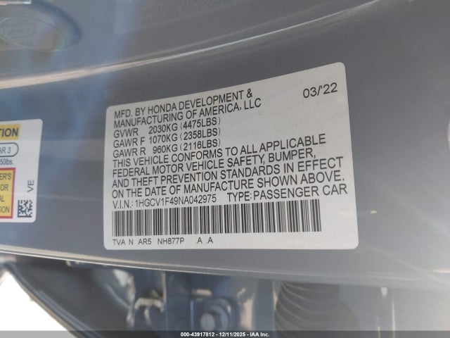 Aukcja sprzedaży 2022 Honda Accord Sport Se, vin: 1HGCV1F49NA042975, numer aukcji: 43917812