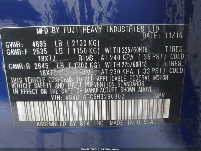 Subaru Outback 2.5i Touring 2017 4S4BSATC5H3296802 Image 9