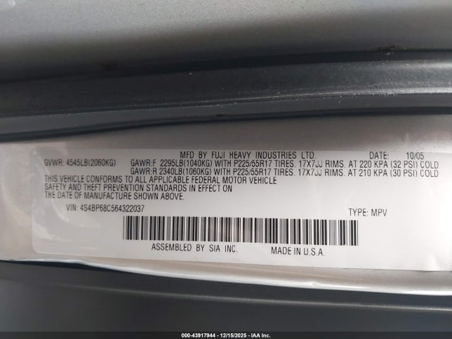 43917944 :رقم المزاد ، 4S4BP68C564322037 vin ، 2006 Subaru Outback 2.5xt مزاد بيع