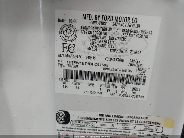 2011 FORD F-150 1FTFW1ET1BFC41695 Photo 8