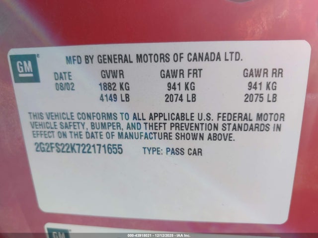 2002 PONTIAC FIREBIRD 2G2FS22K722171655 Photo 8