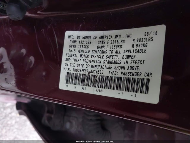 43918095 :رقم المزاد ، 1HGCR2F99HA034580 vin ، 2017 Honda Accord Ex-l مزاد بيع