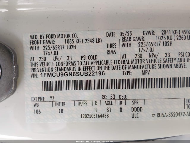 2025 Ford Escape Active მანქანა იყიდება აუქციონზე, vin: 1FMCU9GN6SUB22196, აუქციონის ნომერი: 43918197