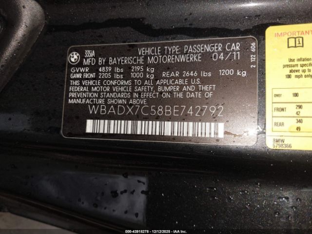 2011 BMW 335I WBADX7C58BE742792 Photo 8