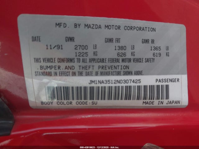 1992 MAZDA MX-5 MIATA JM1NA3512N0307425 Photo 8