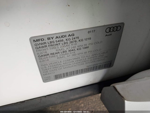 2018 Audi Q5 2.0t Premium/2.0t Tech Premium მანქანა იყიდება აუქციონზე, vin: WA1ANAFY5J2004506, აუქციონის ნომერი: 43918650