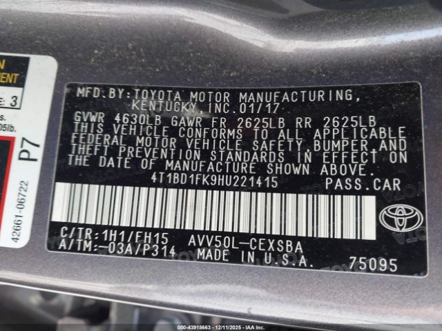 2017 TOYOTA CAMRY HYBRID 4T1BD1FK9HU221415 Photo 8