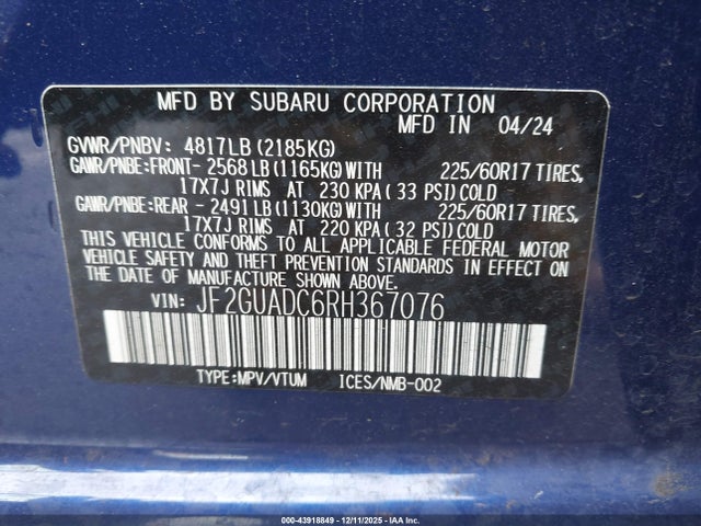 Aukcja sprzedaży 2024 Subaru Crosstrek Premium, vin: JF2GUADC6RH367076, numer aukcji: 43918849