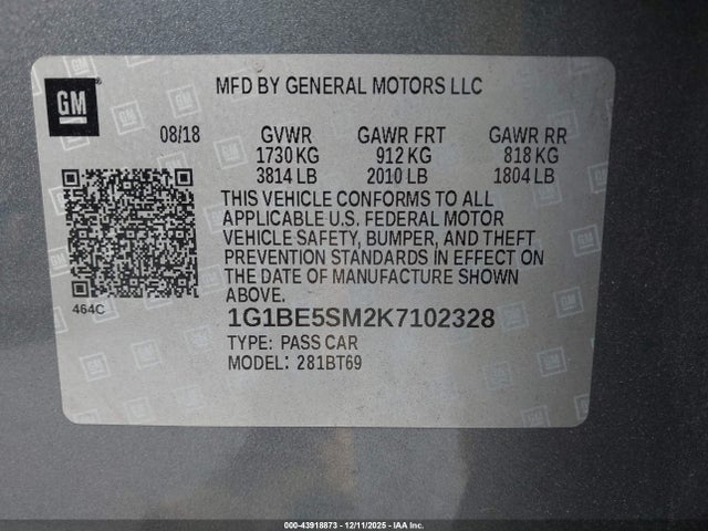 Chevrolet CRUZE LT 2019 1G1BE5SM2K7102328 Image 9