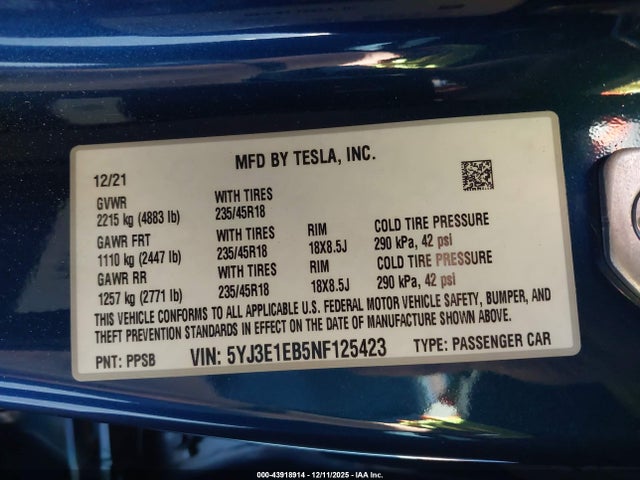 2022 TESLA MODEL 3 5YJ3E1EB5NF125423 Photo 8