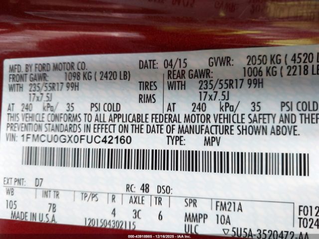 2015 FORD ESCAPE 1FMCU0GX0FUC42160 Photo 8