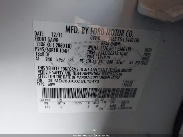 2012 LINCOLN MKX 2LMDJ6JKXCBL15473 Photo 8