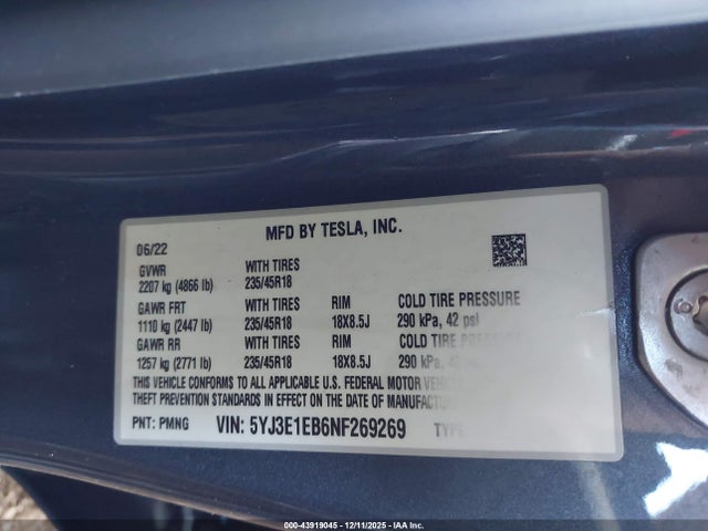 2022 TESLA MODEL 3 5YJ3E1EB6NF269269 Photo 8