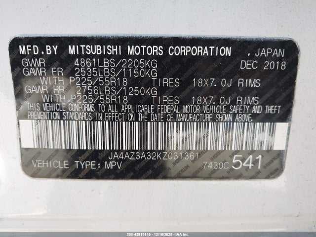 2019 MITSUBISHI OUTLANDER JA4AZ3A32KZ031361 Photo 8