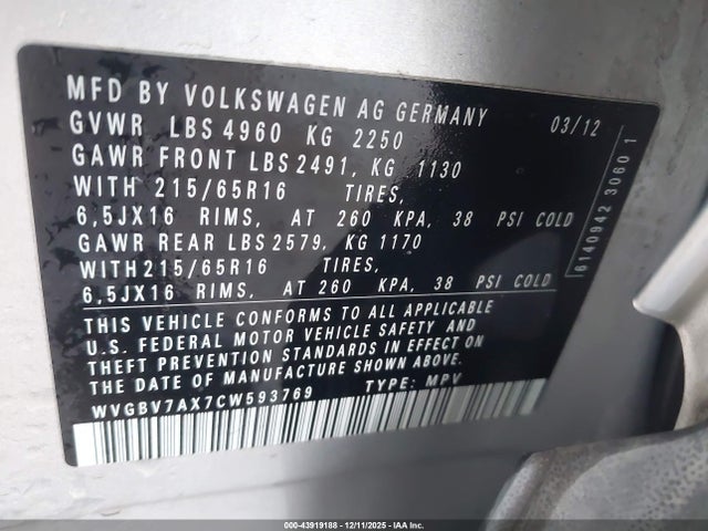 2012 VOLKSWAGEN TIGUAN WVGBV7AX7CW593769 Photo 8
