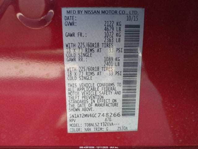 5N1AT2MV4GC748266 Nissan Rogue Sl