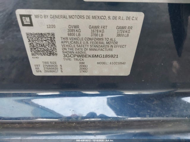 2021 Chevrolet Silverado 1500 2wd  Short Bed Custom მანქანა იყიდება აუქციონზე, vin: 3GCPWBEK6MG185921, აუქციონის ნომერი: 43919312