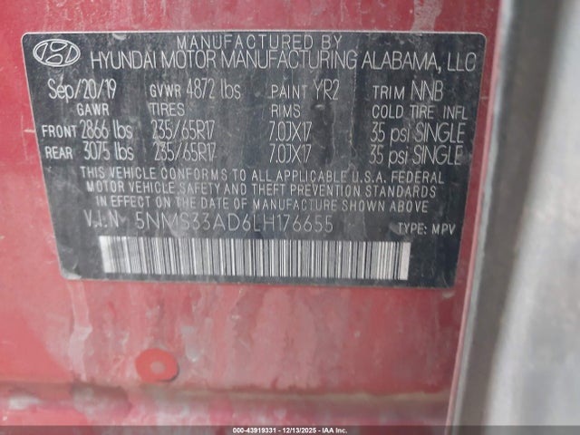 Hyundai Santa Fe Sel 2020 5NMS33AD6LH176655 Image 9