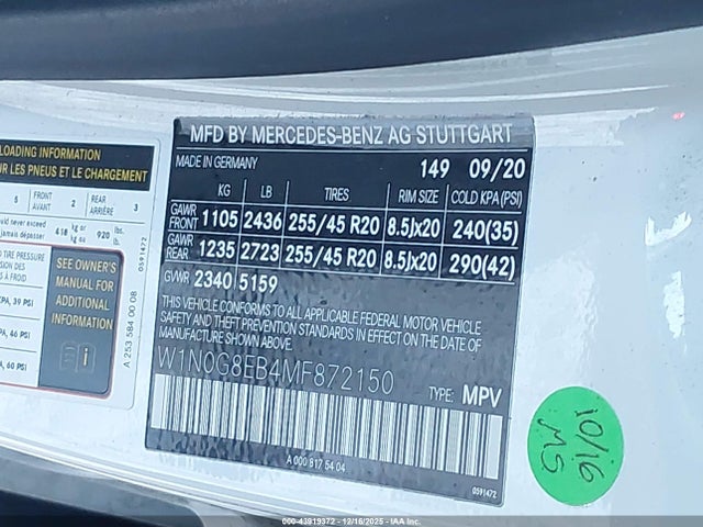 Продаж на аукціоні авто 2021 Mercedes-benz Glc 300 4matic Suv, vin: W1N0G8EB4MF872150, номер лоту: 43919372