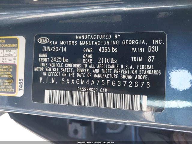 Aukcja sprzedaży 2015 Kia Optima Lx, vin: 5XXGM4A75FG372673, numer aukcji: 43919414